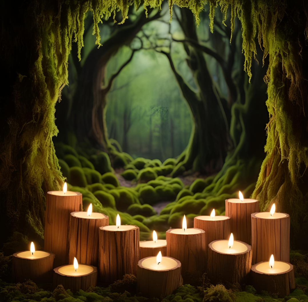 A mystical forest scene viewed from within a moss-covered cave, with flickering candles placed on wooden stumps and nestled among the greenery, casting a warm glow against the lush, enchanted woodland background.